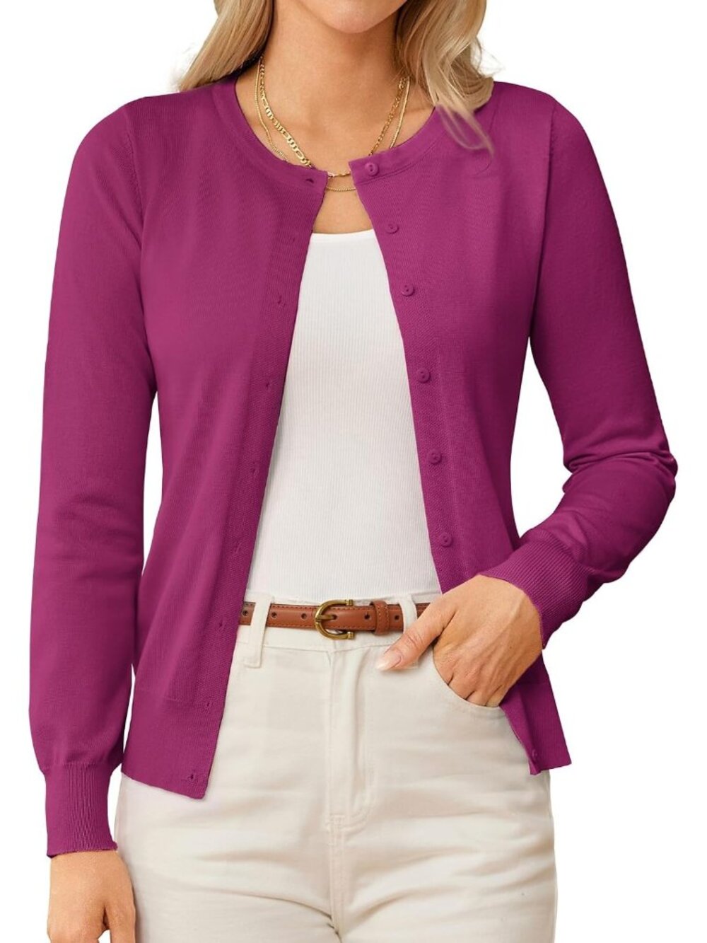 🆕Women's Pink Crewneck Knit Cardigan Sweater Lightweight Button Up Casual